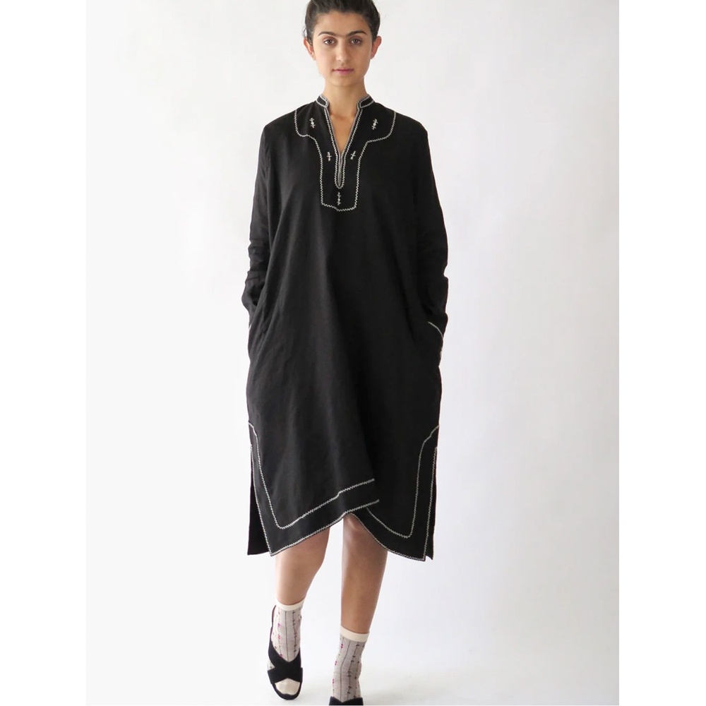 ERICA TANOV Rekha Hand Embroidered Linen Midi Dress in Black - NWT! - 3/L